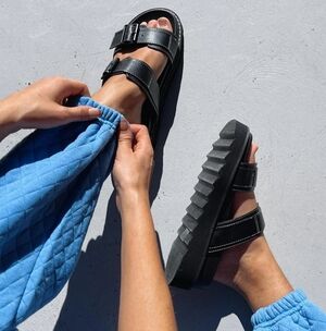 Princess Polly Ma Belle Contrast Stitch Black Slip On Sandals - Size 9